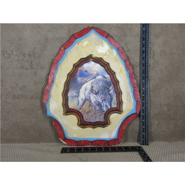 Native Folk Art of Buffalo on Hand Painted Arrowhead Shape