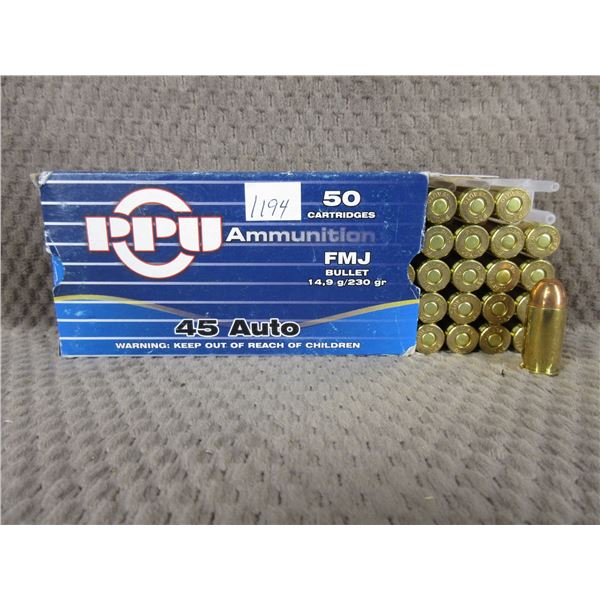 45 Auto 230gr FMJ by PPU - Box of 50
