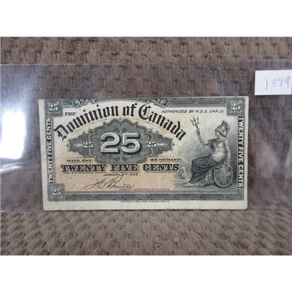 1900 - 25 Cent Canadian Bill - Miss Cut Shinplaster