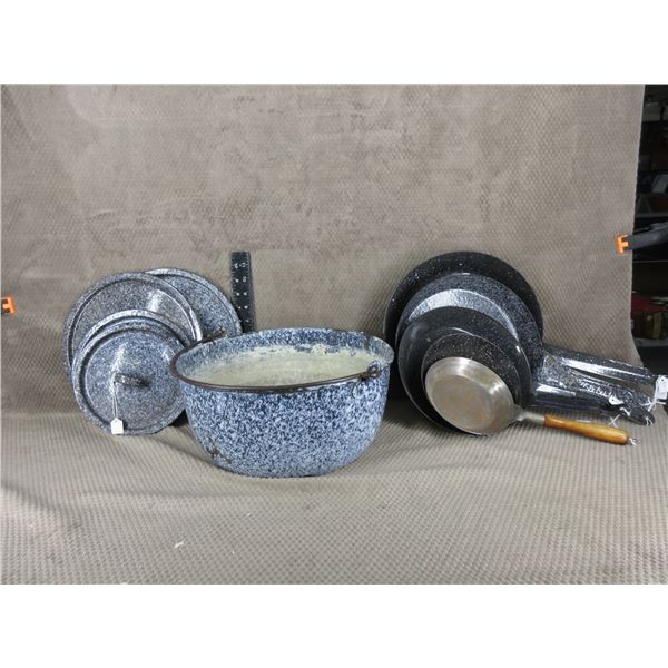Set of Enamal Camping Pot and Pans - Some with lids