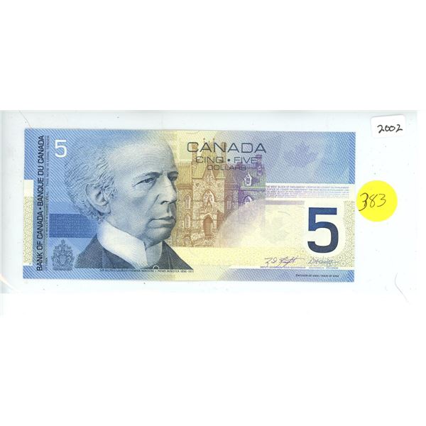 Canadian 5 Notes 2002 Bank of Canada Five Dollar Note