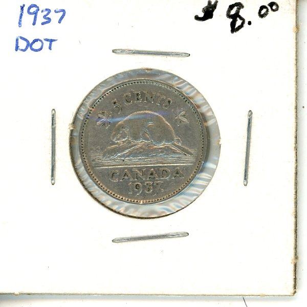 1937 Dot Canadian Five cent Coins