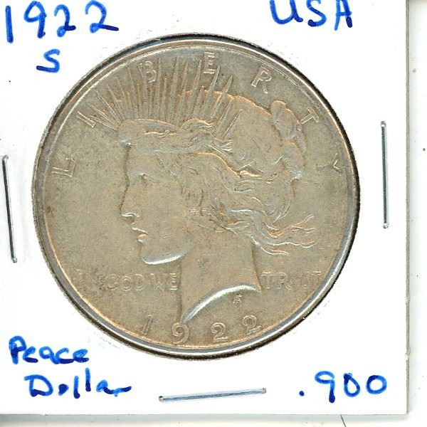 1922S USA Peace Silver Dollar  .900 Silver