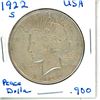 Image 1 : 1922S USA Peace Silver Dollar  .900 Silver