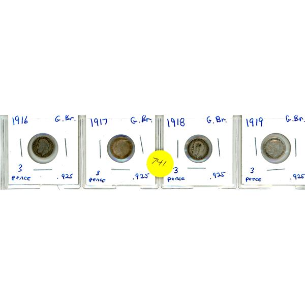 1916,17,18,19 Great Britain Three Pence x 4