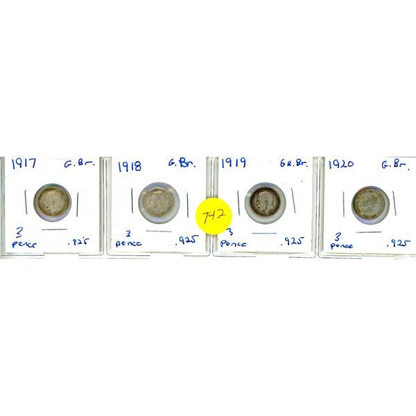 1917,18,19,20 Great Britain Three Pence x 4