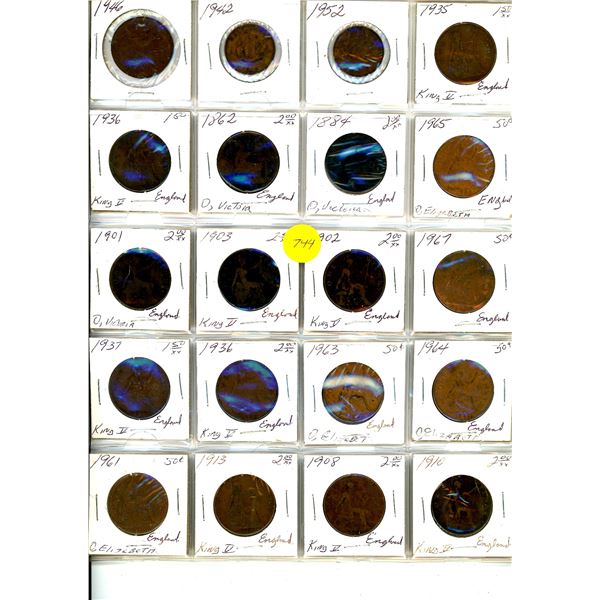 1862-1964 Page of Great Britain Copper One Cent Coins x 20