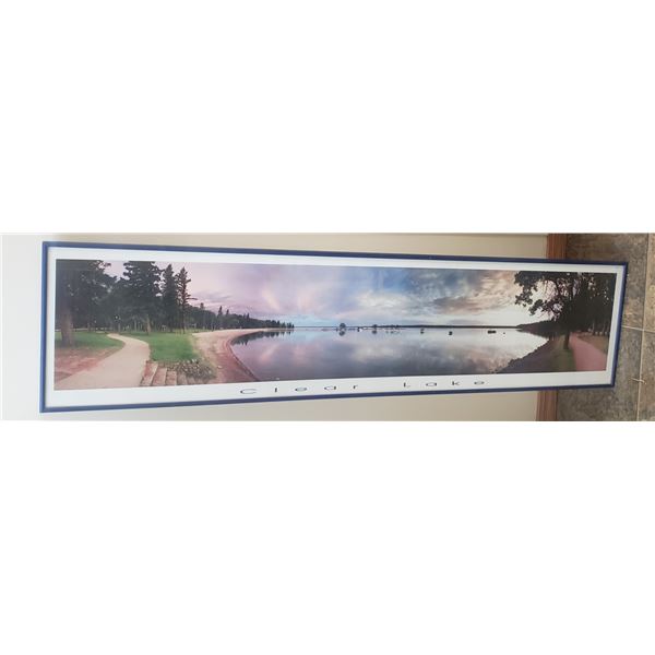 Long Narrow Panorama photo framed Clear Lake MB,  Beach, boats. Nice steel blue frame