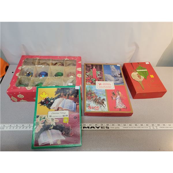 Box Christmas ornaments and 3 boxes of christmas cards from the 1960's