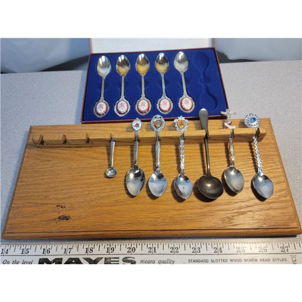 collectable spoons & rack + silver plate sugar spoon, salt spoon + tea set
