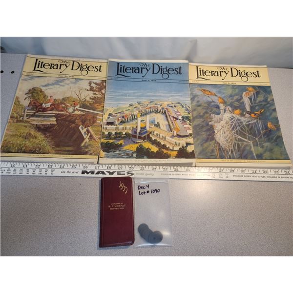 3 literary Digest – 1933 (amazing car ads) 1917 Bradwell, SK pocket diary, 6 Canadian meat ration to