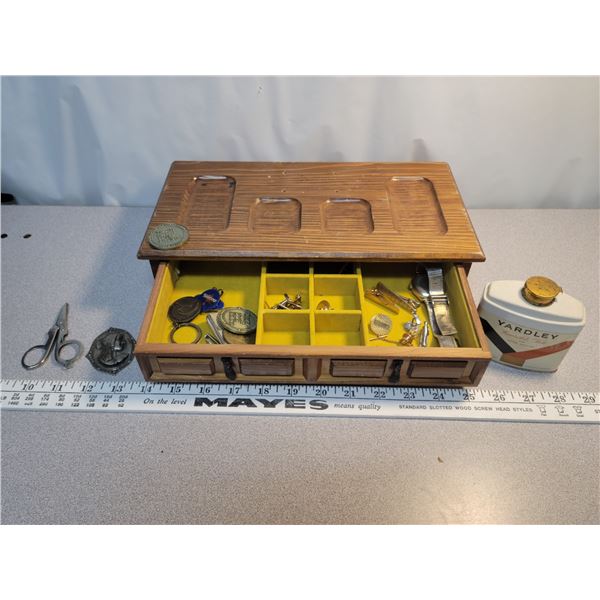 Men’s valet with contents + “Rodania” Swiss waterproof watch, some gold in band + after shave Talc –