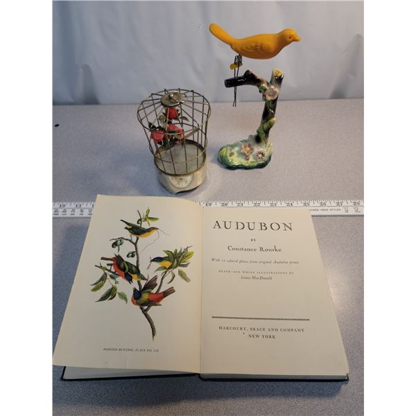 Audubon by Constance Rourke 1936 + 2 Vintage birds, 1 singing in cage