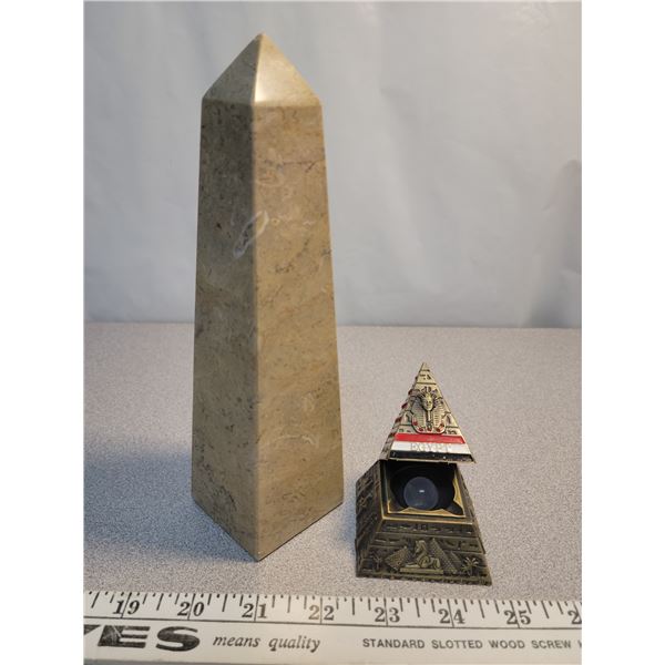 large stone obelisk – 8 inches tall, brass Egyptian pyramid with a rose quartz sphere