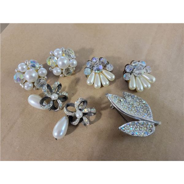 iridescent rhinestone earrings and brooch