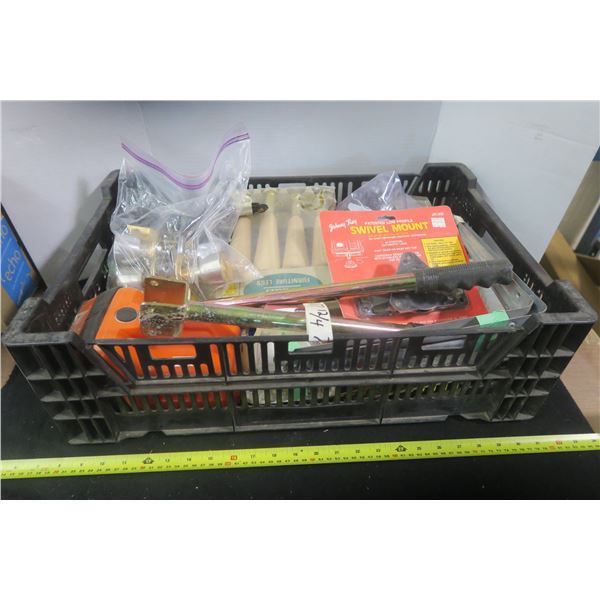Box of Misc. Items, Flashlight, Furniture Legs, Door Knobs ETC.