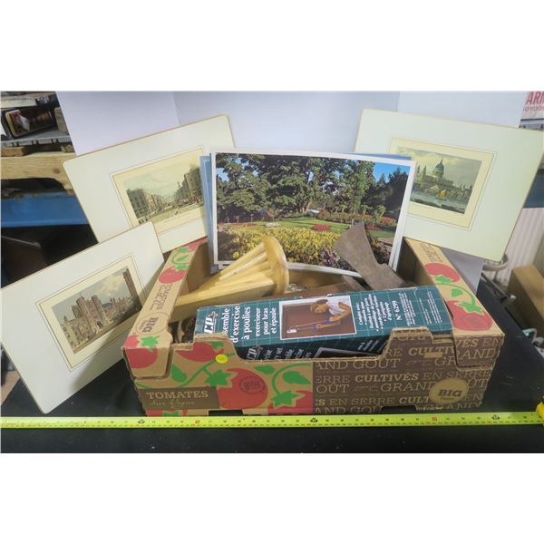 Box of Misc. Exercise Pulley Set, Place Mats, Silverware, 2 Pick Axes