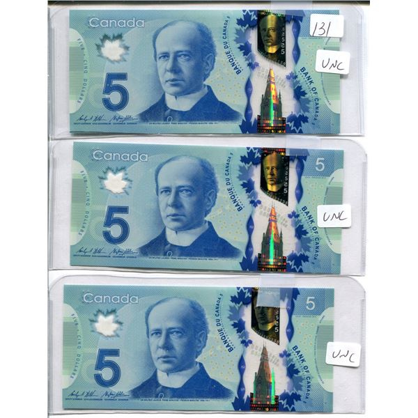 3 Canadian 5 Dollar bill Sequential UNC