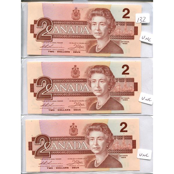 3 Canadian 2 Dollar bills Sequential UNC