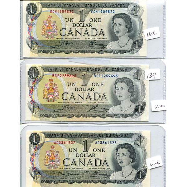 3 Crisp UNC 1 dollar 1973 Crow