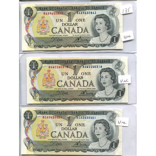 3 Crisp UNC 1 dollar 1973 Crow