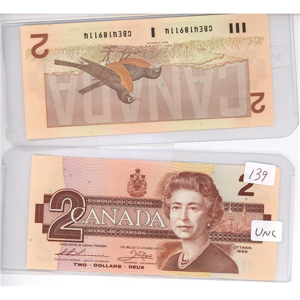 2 Crisp UNC 2 dollar 1986 Sequential