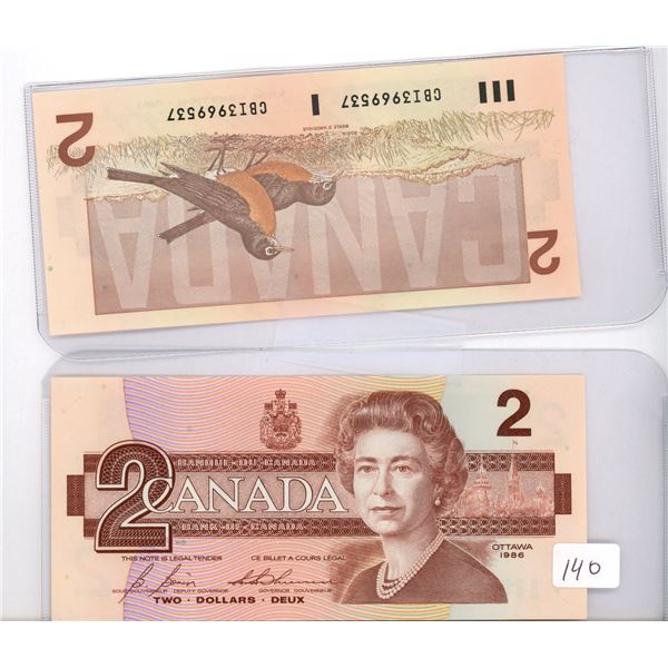 2 Crisp UNC 2 dollar 1986 Sequential