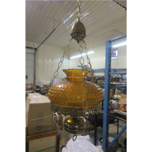 Antique Hanging Hurricane Lamp Amber Hobnail