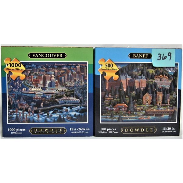 2011 Dowdle folk art Vancouver 1000 piece puzzle & 2013 Banff 500 piece puzzle