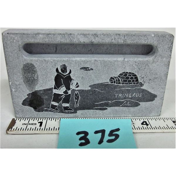 4.5" X 2.5" Trinexus genuine soapstone carving Eskimo fishing/Igloo
