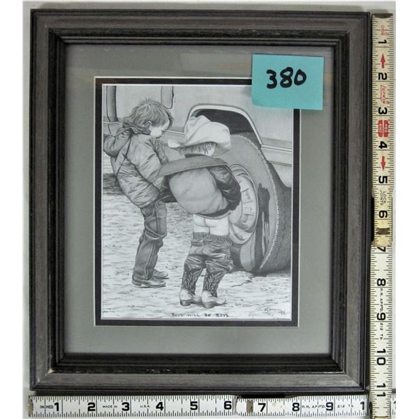 Bernie Brown "boys will be boys" pencil art framed & matted
