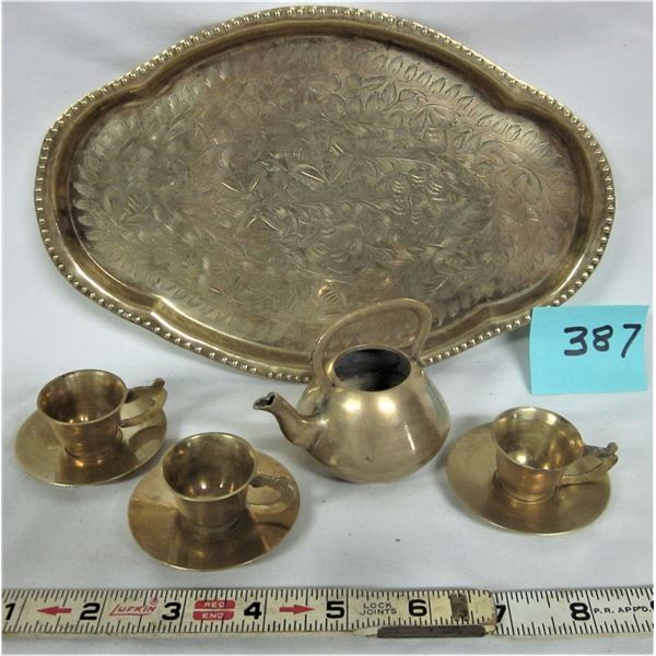 Miniature brass doll serving set / embossed tray