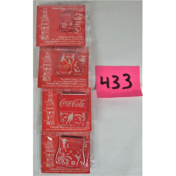 Complete set of 4 2014 Sochi Olympics Coca-Cola pins shaped to Coke bottle
