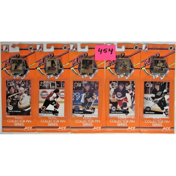 5 1991 NHL MVP collector pin sets; Mario Lemieux, Brett Hull, Rob Blake, Phil Housley, Rick Tocchet