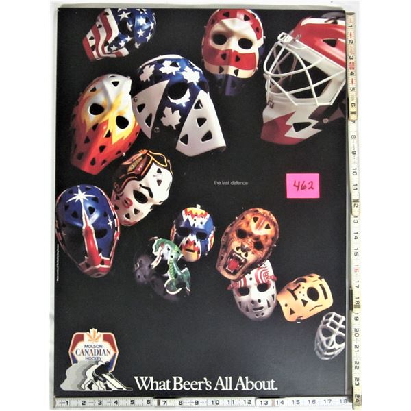 2 Molson Canadian 'last defense' 18" X 24" goalie mask plaque