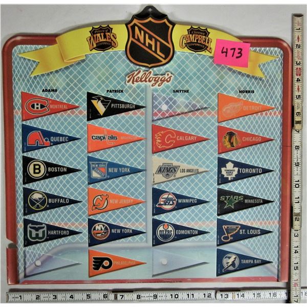 1992 Kellogg's 16" X 16" plastic NHL display with 21 mini NHL pennants