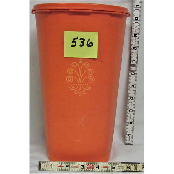 Vintage orange plastic Tupperware 10" X 5" pasta/rice container with lid