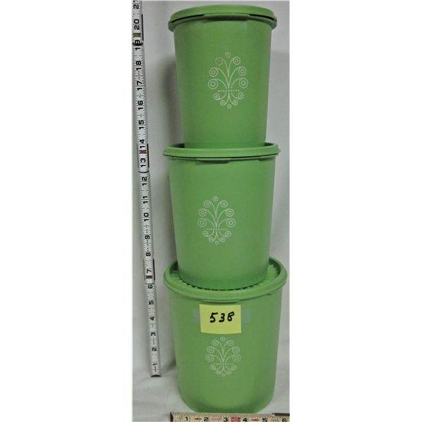 Vintage lime green plastic Tupperware 3 piece canister set with lids