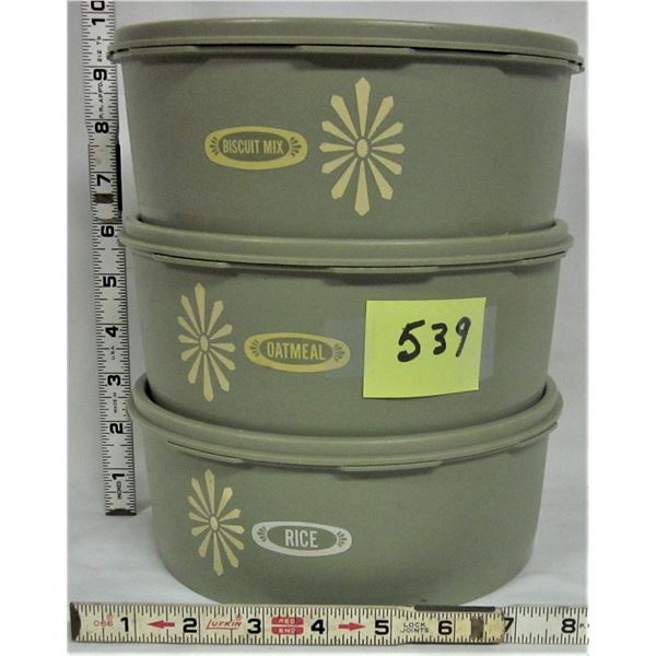 Vintage avocado green stackable Tupperware 3 piece biscuit mix - rice - oatmeal canister set with li