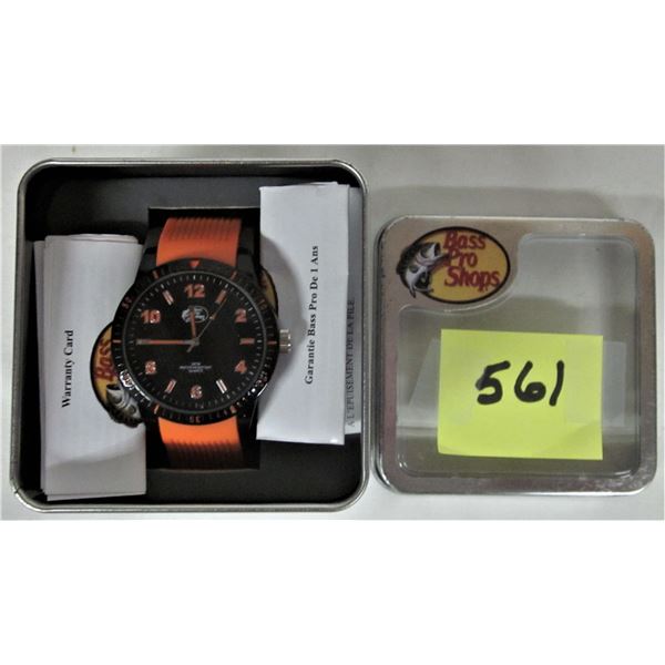 New boxed tin Bass Pro Shops water resistant watch orange plastic strap