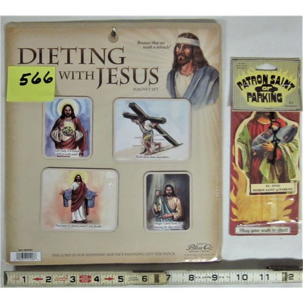 New set of 4 "Dieting with Jesus" magnet set plus st. Otto air freshener patron saint of parking