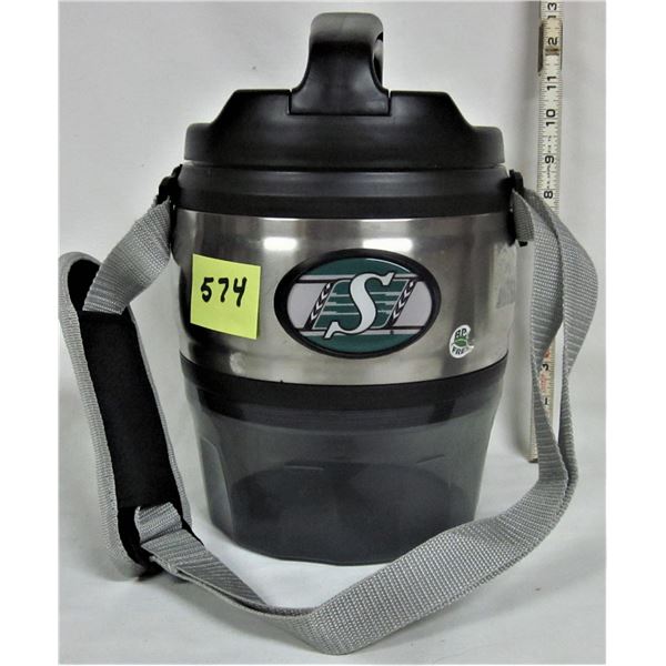 Stainless steel 80 oz cold beverage container with carrying strap
