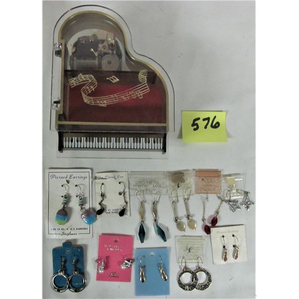 Miniature piano music box with 11 pair carded pierced earrings