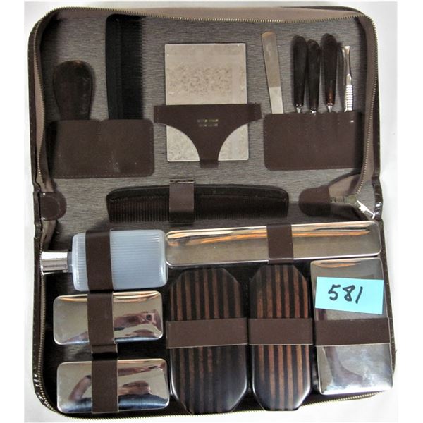 Vintage mens travel toiletry set and brown zippered leather case