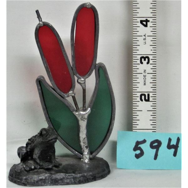 4" pewter frog & stained glass bullrush ornament