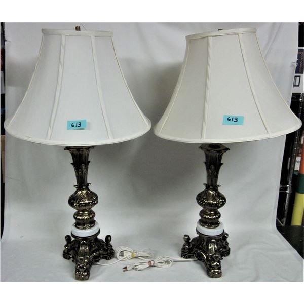 Pair (2) brass & marble boudoir lamps/shades