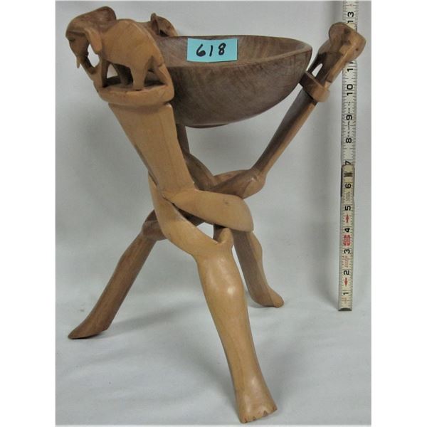 African wood carved 16" elephant tripod and 7" wooden bowl
