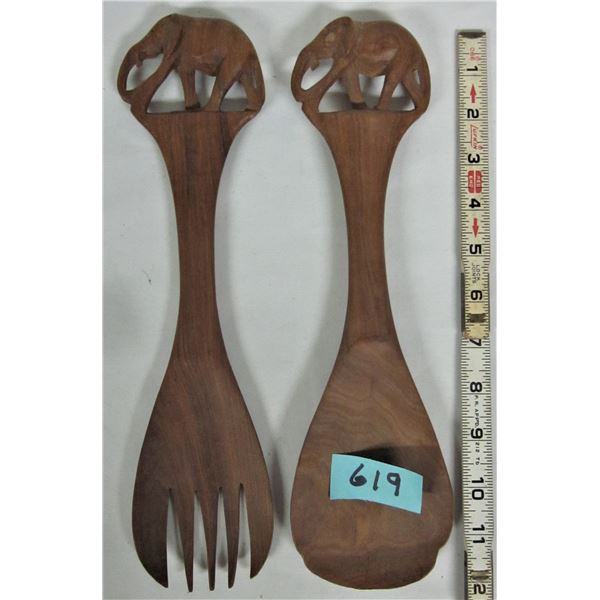 Pair African wood carved 12" elephant salad utensils