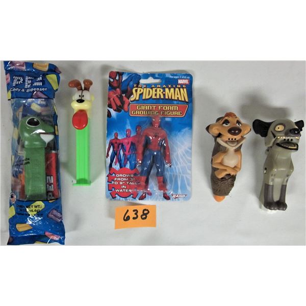 Lot of 5 vintage collectible toys - New "Geicko" pez - Garfield Odie pez, new giant Spiderman figure