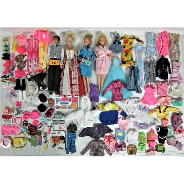 4 Barbie dolls and assorted genuine Barbie clothing and accessories